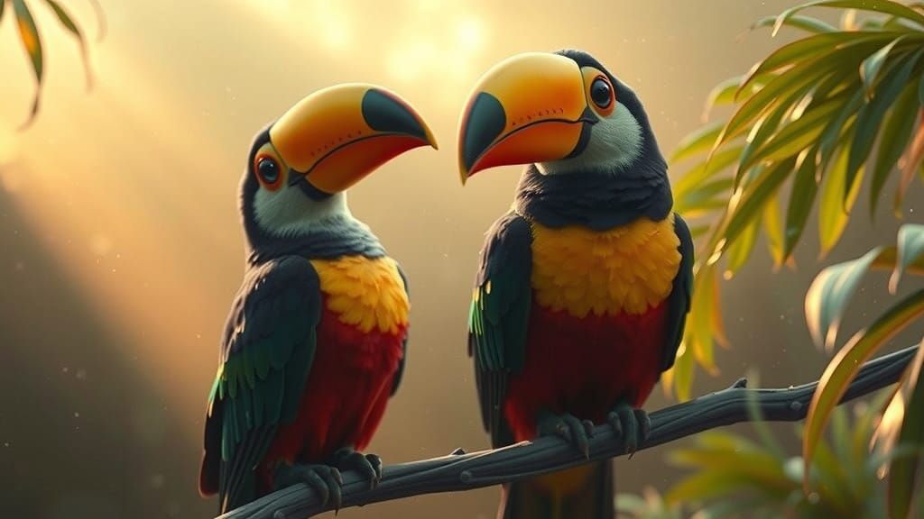 Vibrant Toucans Perched on Misty Jungle Branch in Hyper-Real...