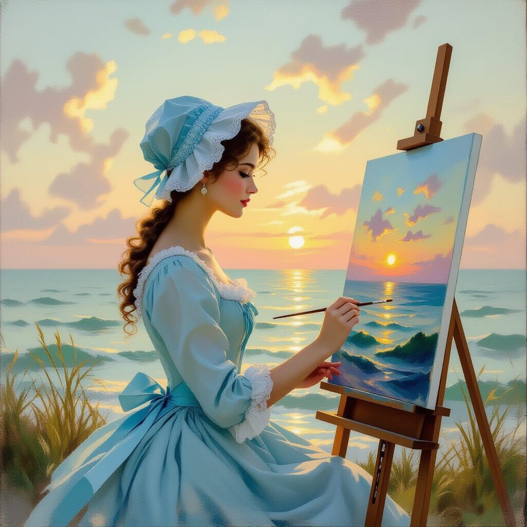 Model Painting Seascape at Sunset in Dreamy Style
