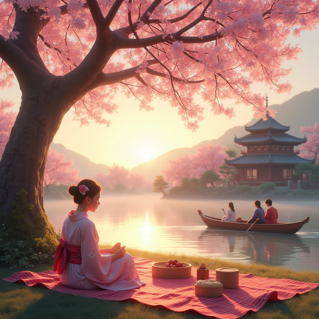Cherry Blossom Picnic at Sunset: Traditional Japanese Scene