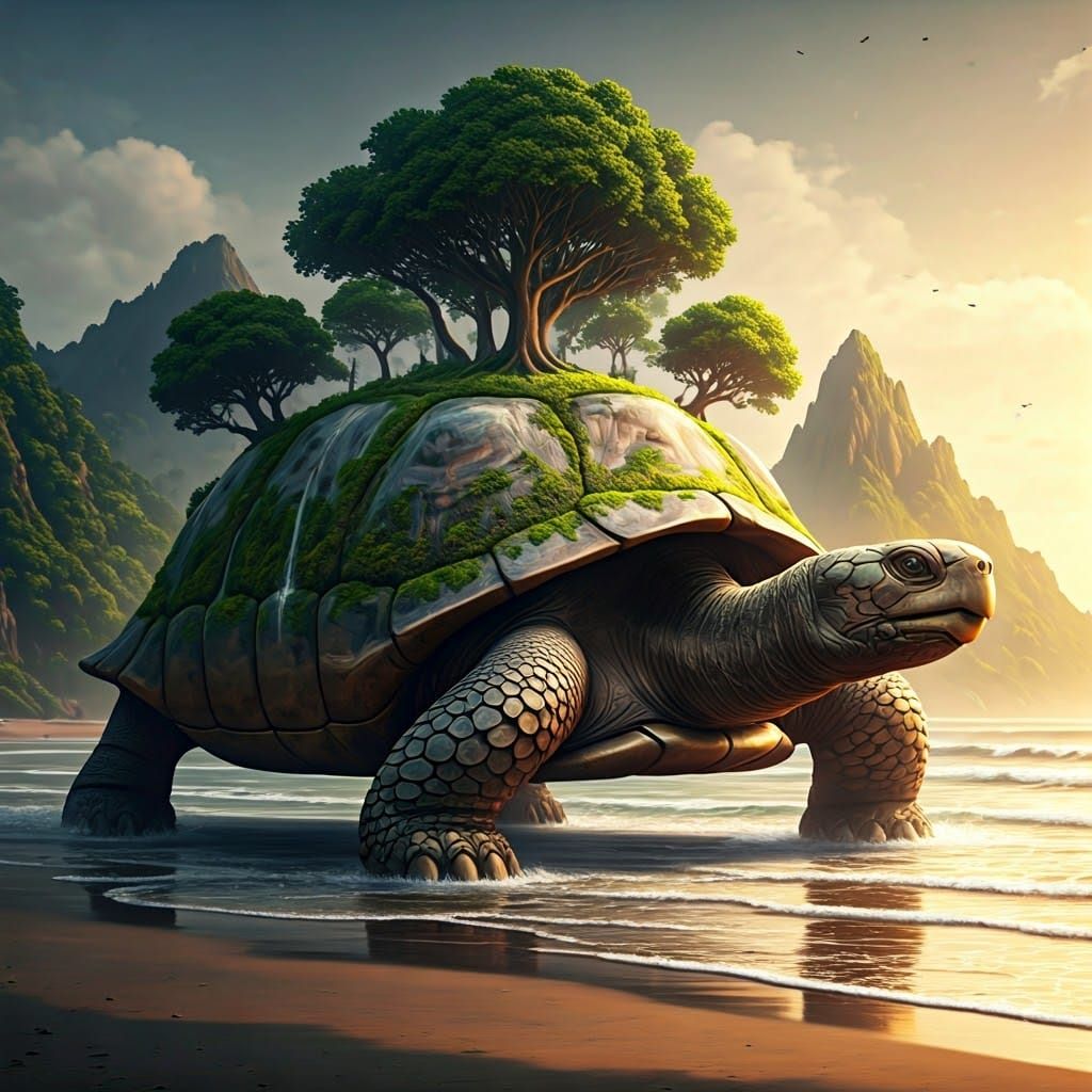 Colossal Stone Turtle Emerges onto Ocean Shore