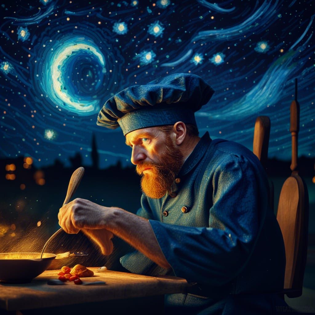 Chef Van Gogh Cooks Under Starry Night, Detailed Matte Paint...