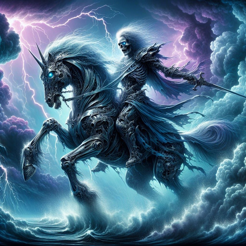 Zombie Warrior Rides Steel Horse in Stormy Digital Art