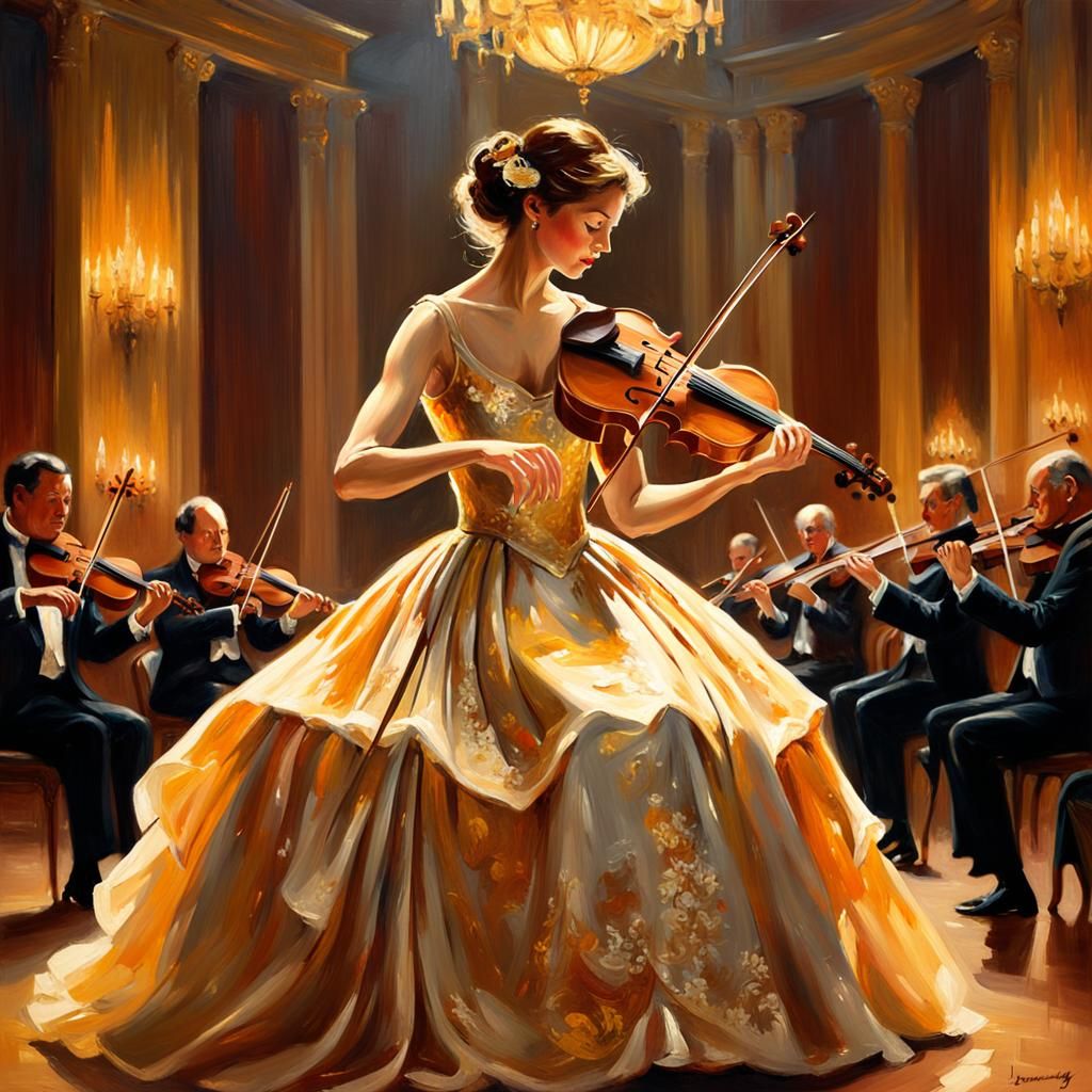 Woman Playing Violin in Impressionist Oil Painting