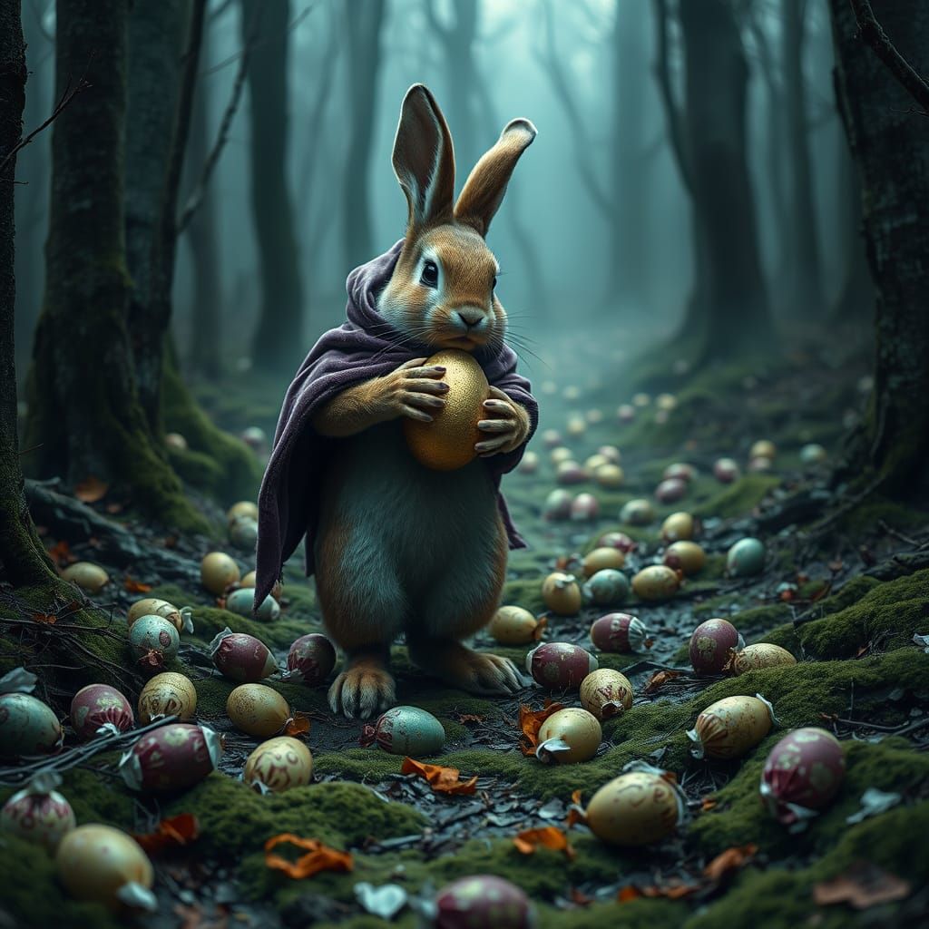 Easter Bunny's Dark Victory in a Haunting Forest Scene