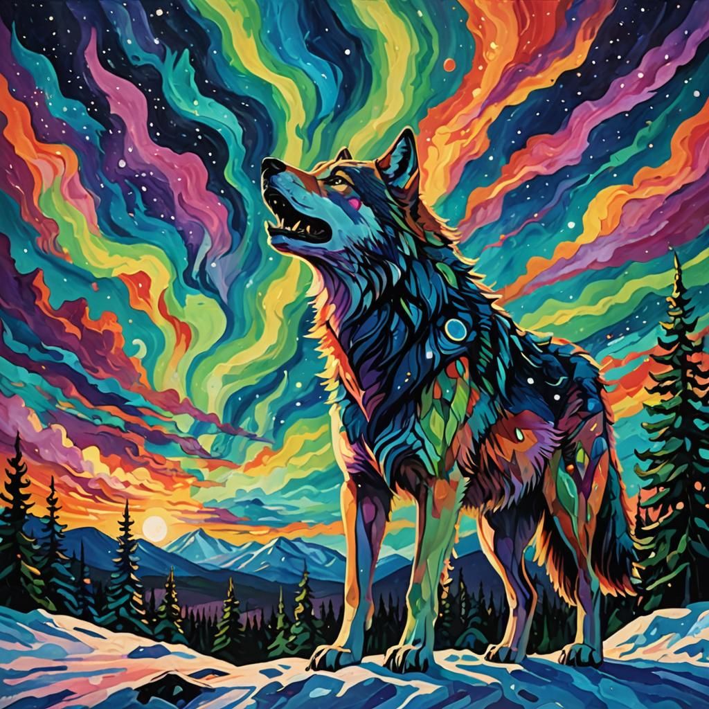 Wolf in Vibrant Expressionist Skies