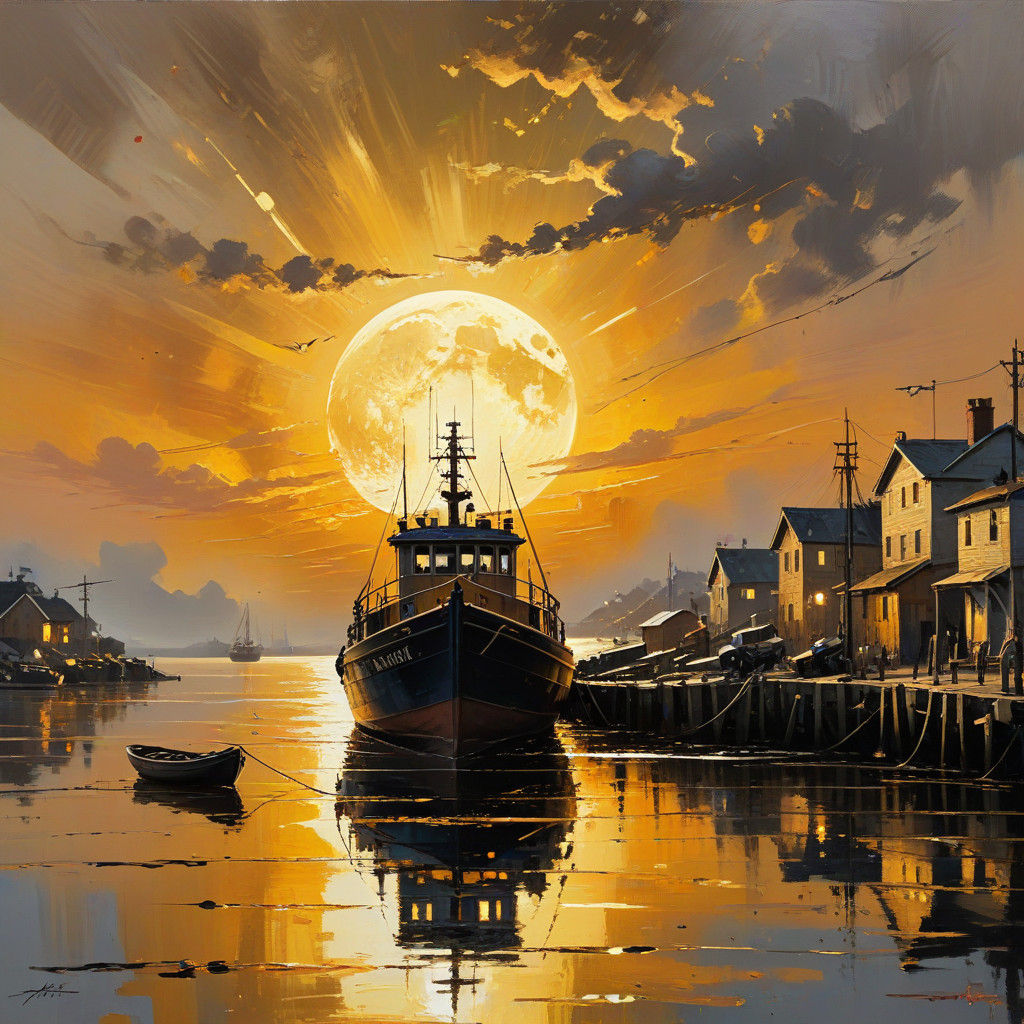 Vibrant oil painting. Close up. Fishing boat in the harbour of a fishing town with a huge golden hour gold moon, under a...