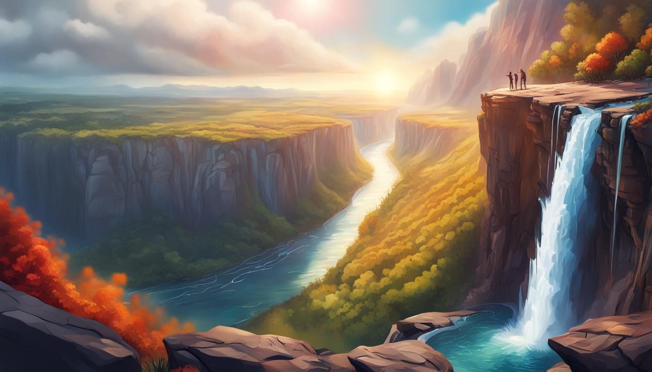 Hyperrealistic Waterfall Valley View from Cliff