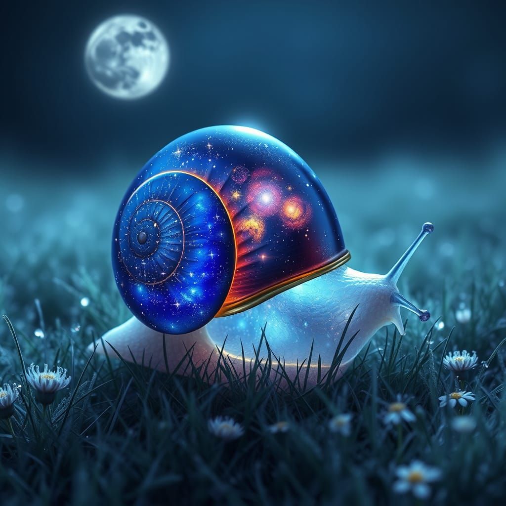 Luminous Snail Glides Across Moonlit Meadow