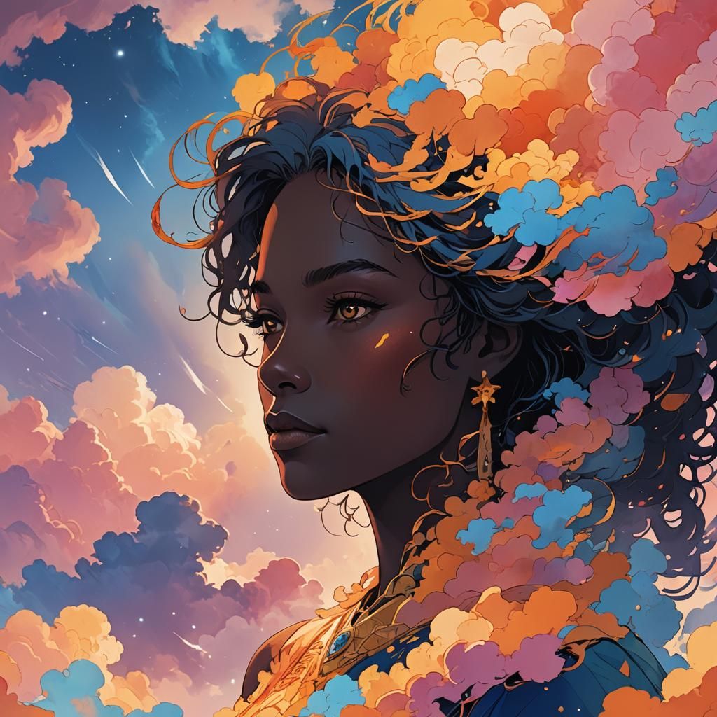 Ethereal Silhouette Gazing at Dawn Sky: Digital Art