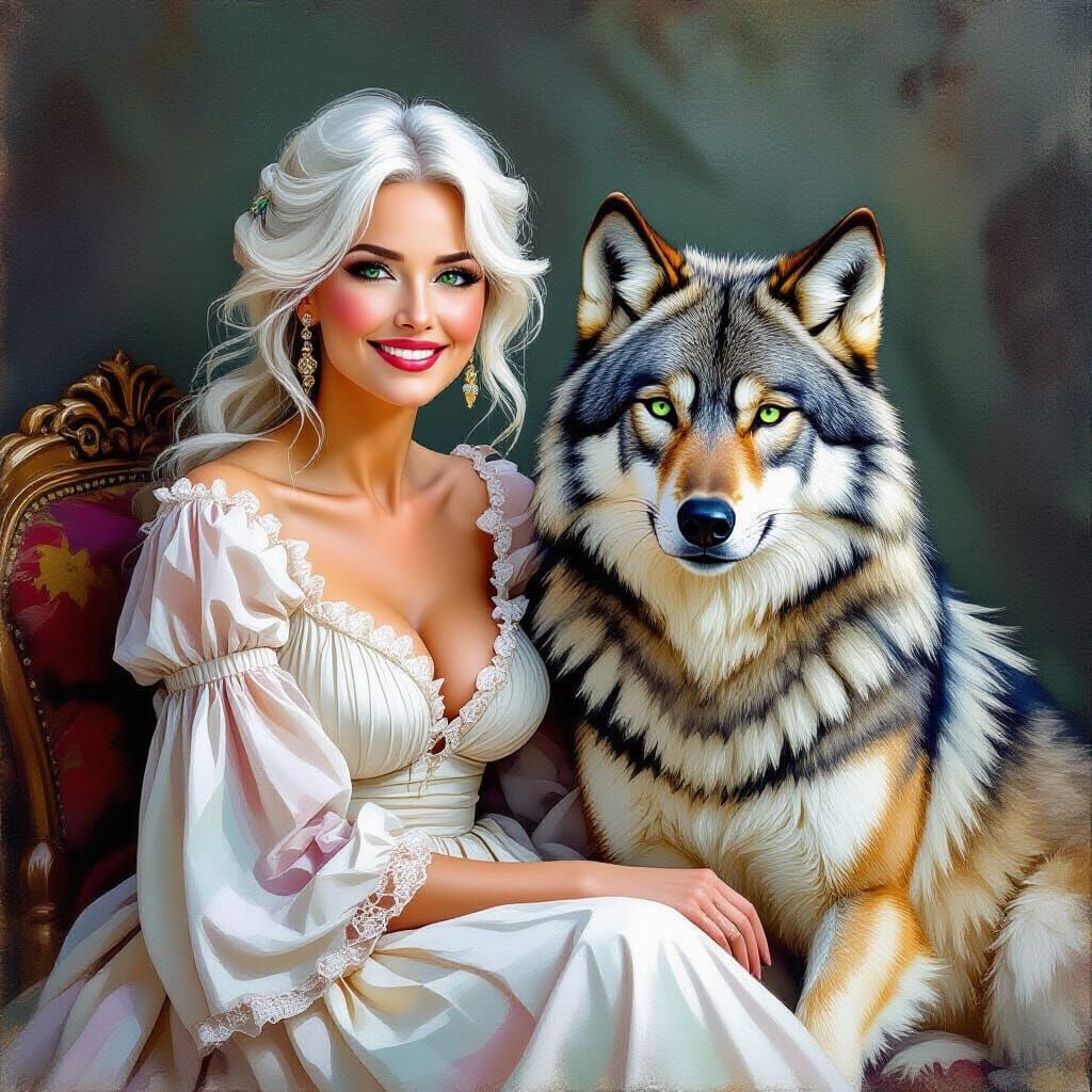 Woman and Wolf in Gouache Watercolor Style