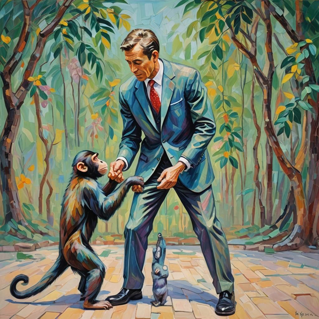 Man Teaches Monkey in Neo-Impressionist Style