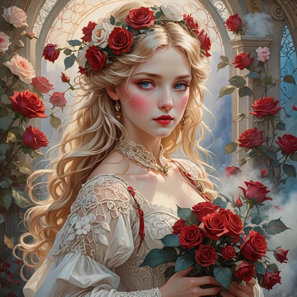 Blond Woman with Roses in Art Nouveau Style