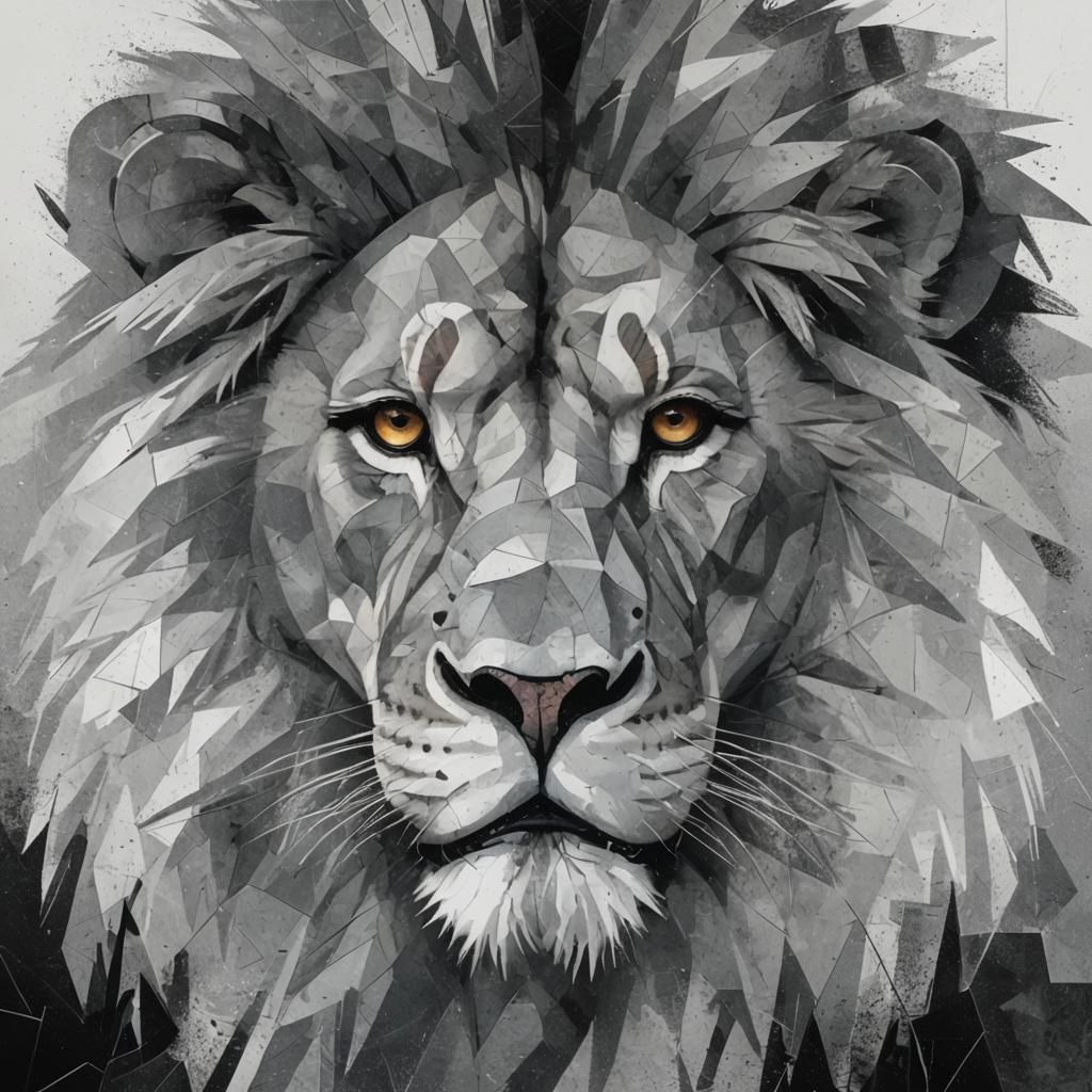 Fierce Lion Hunt in Cubist Art Deco Style