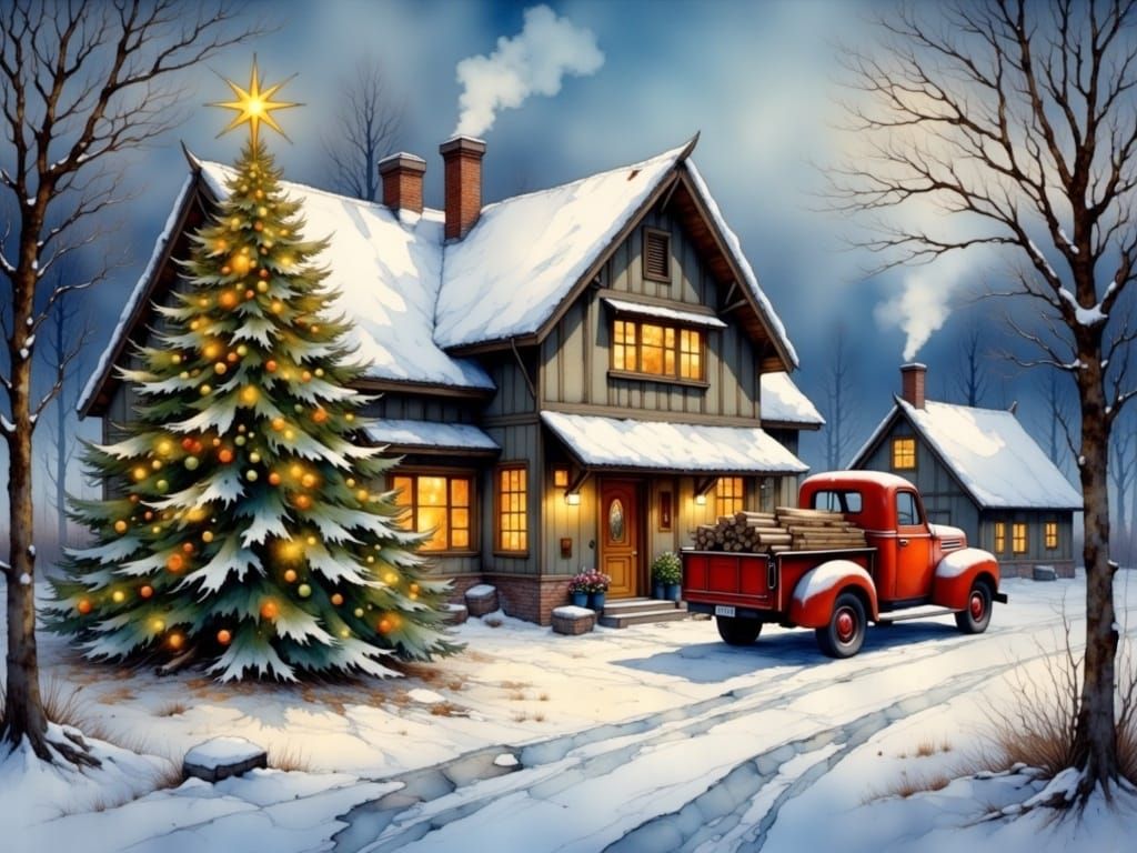 Festive Winter Cottage with Christmas Decorations