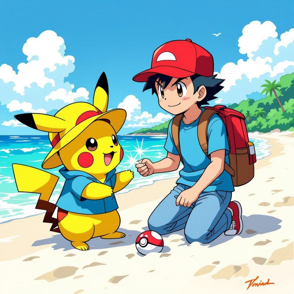 Pikachu and Ash Ketchum on a Sunny Beach