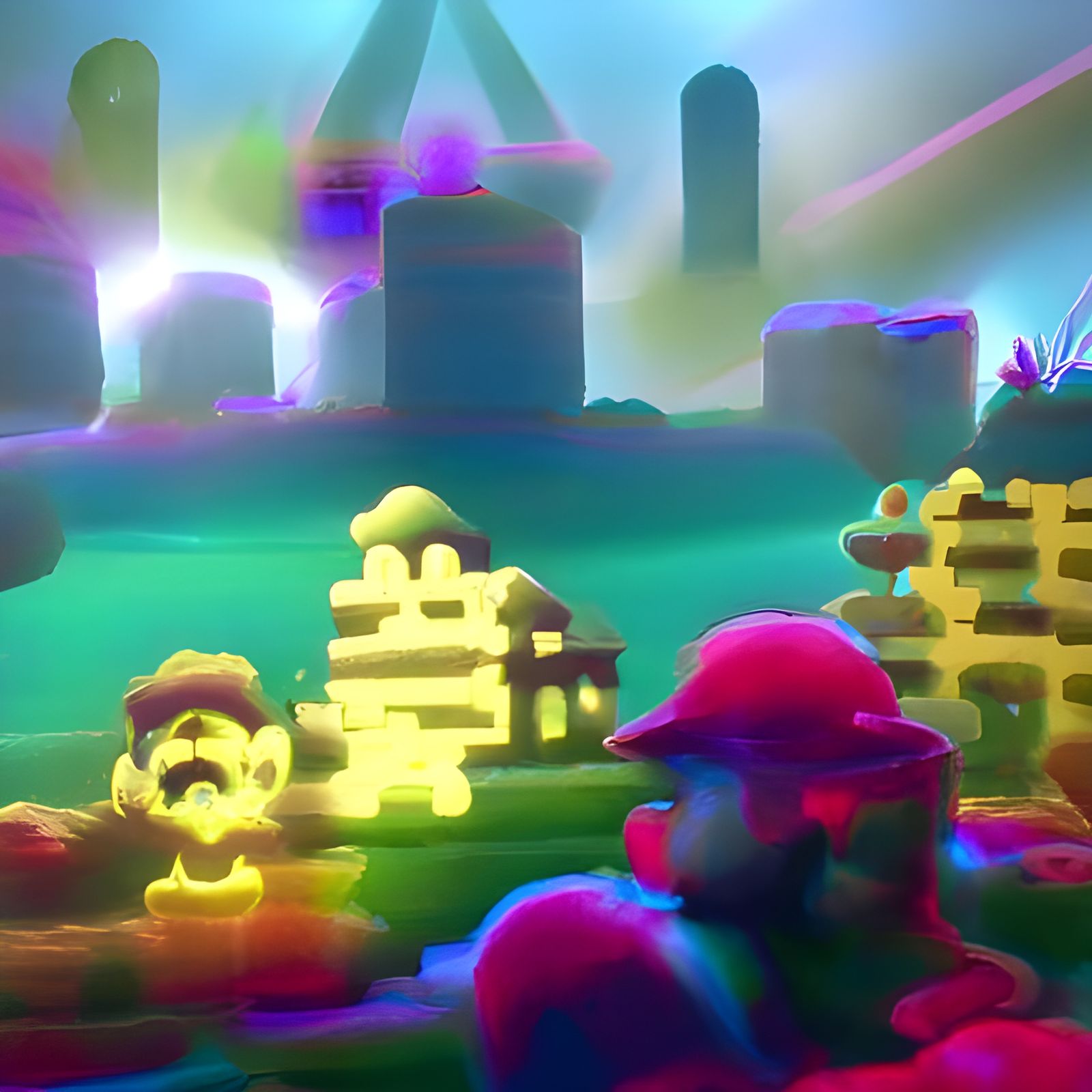 Eerie Holographic Super Mario in Fantasy Town