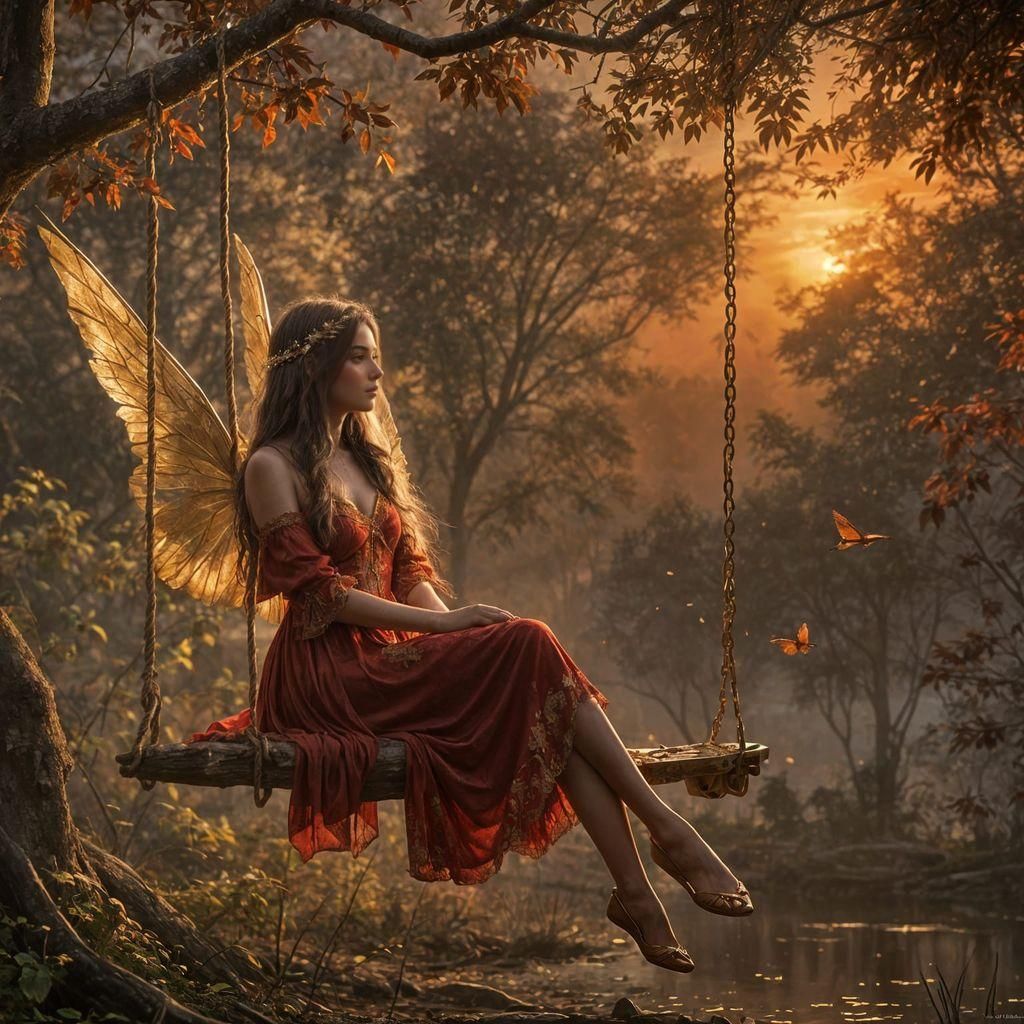 Fairy Princess on Swing in Golden Hour Sunset