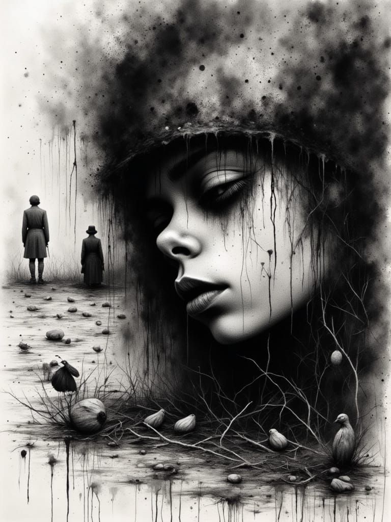 Monochromatic Ink Drawing of Child in Apocalyptic Scene