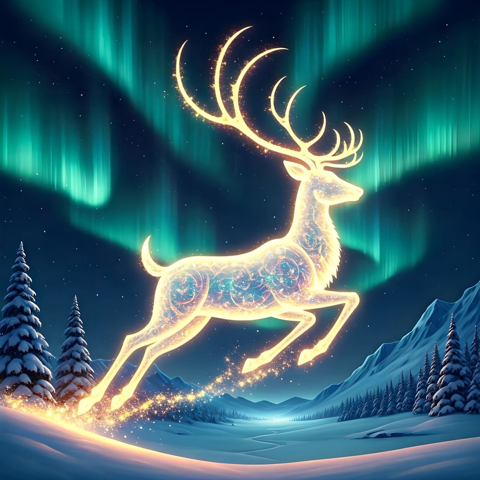 Celestial Reindeer Soaring Through Christmas Sky