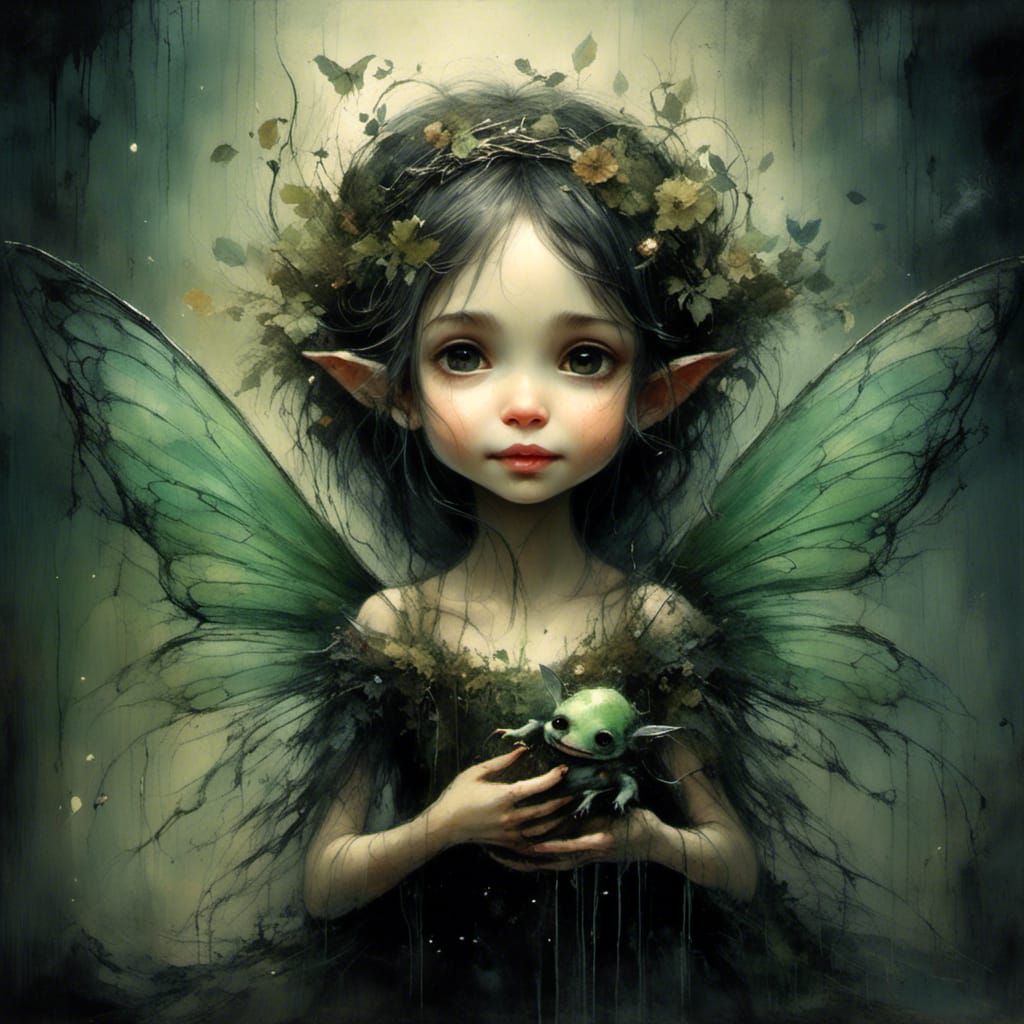 Joyful Dark Faerie with Green Eyes and Grin