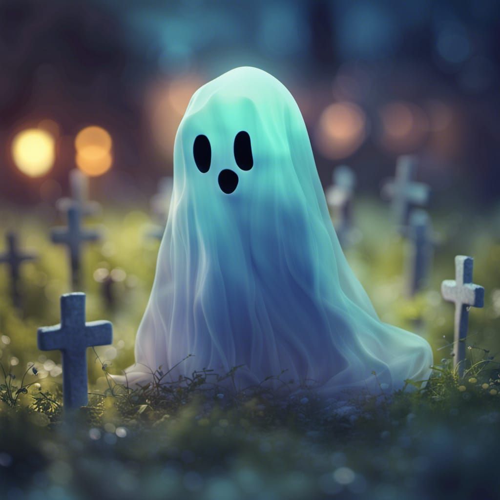 Adorable Ghost in Graveyard with Volumetric Lighting