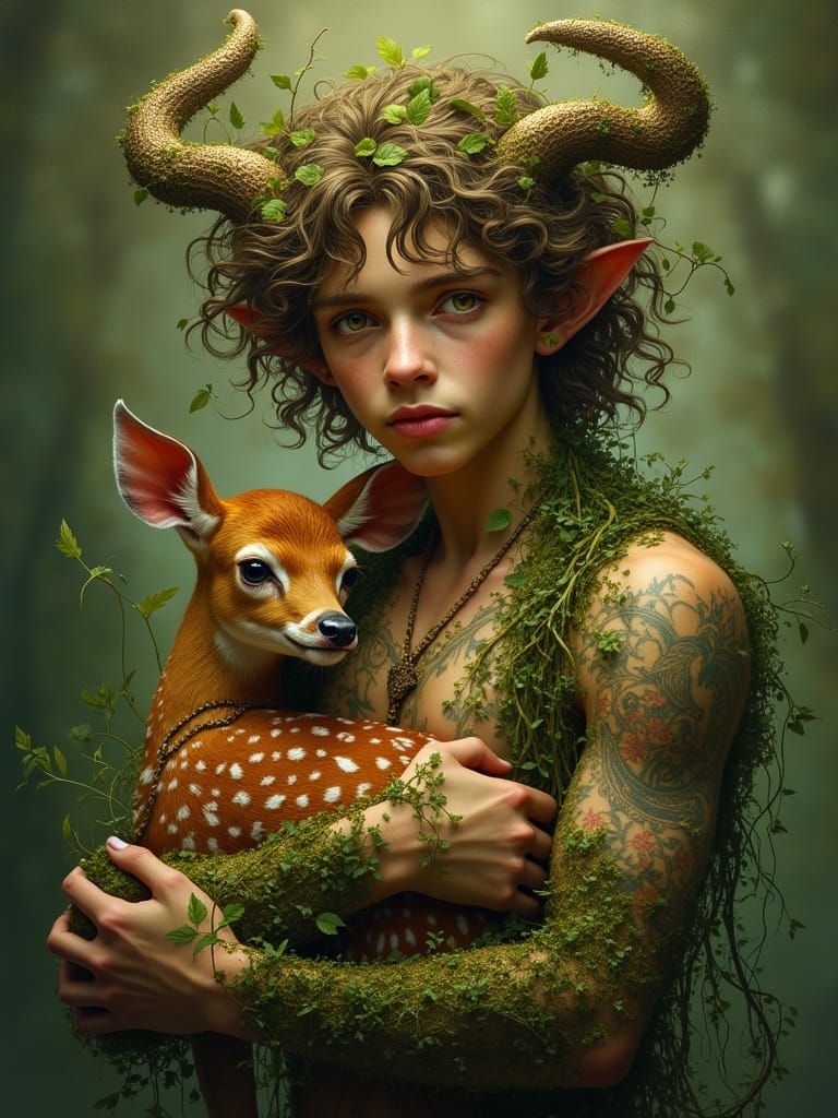 Whimsical Nature God Cernunnos with Fawn in Earthy Portrait