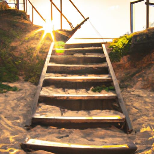 Beach Stairs with Sailing Ships at Sunset