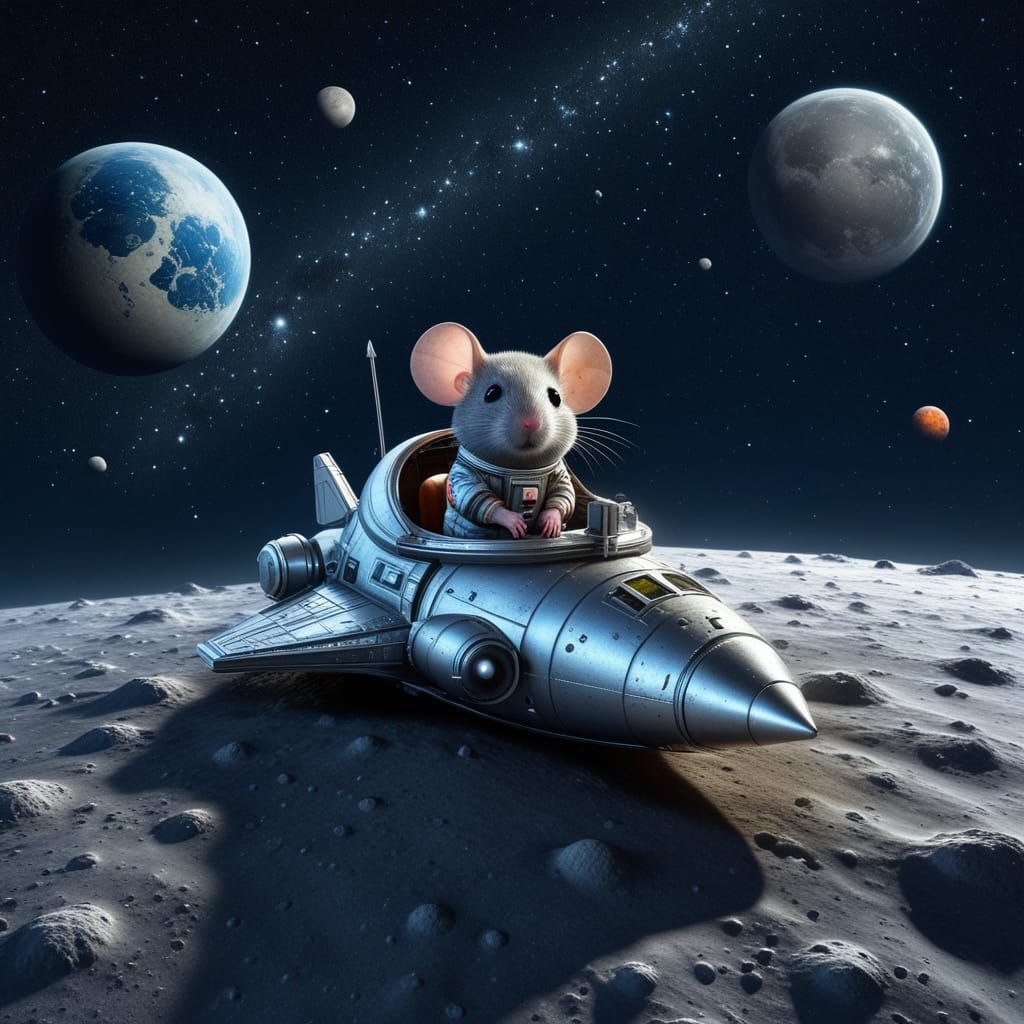 Chibi Mouse on the Moon in Rocket Ship