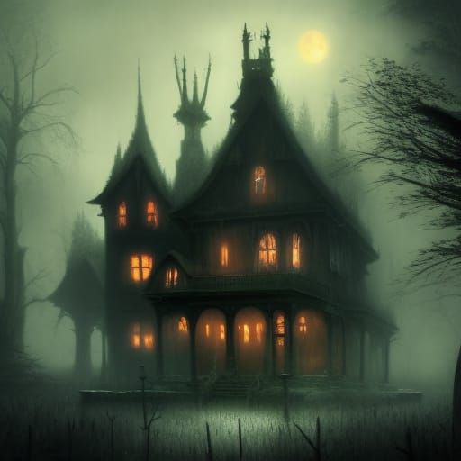 Eerie Cottage in Misty Forest, Detailed Matte Painting