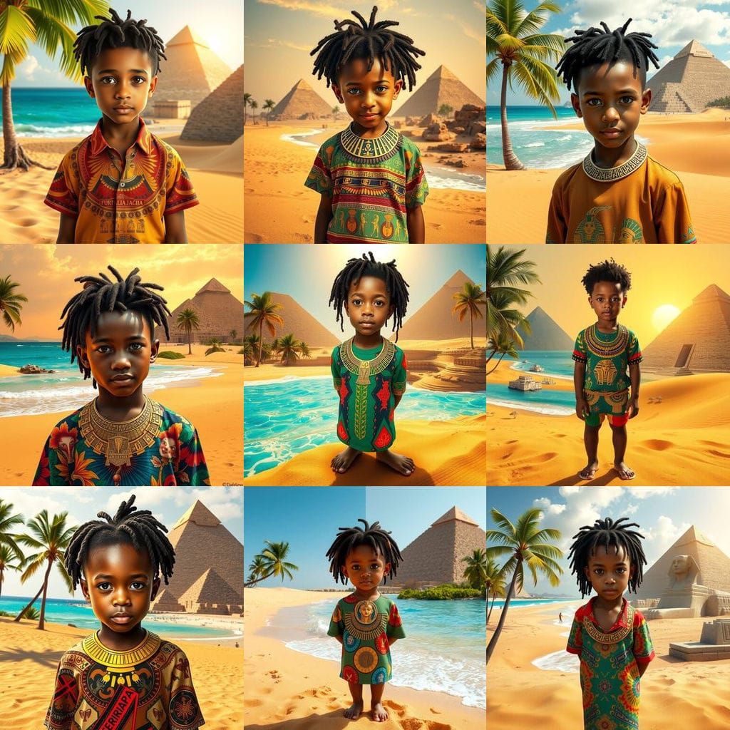 Multicultural Boy Standing in Vibrant Jamaican-Egyptian Envi...
