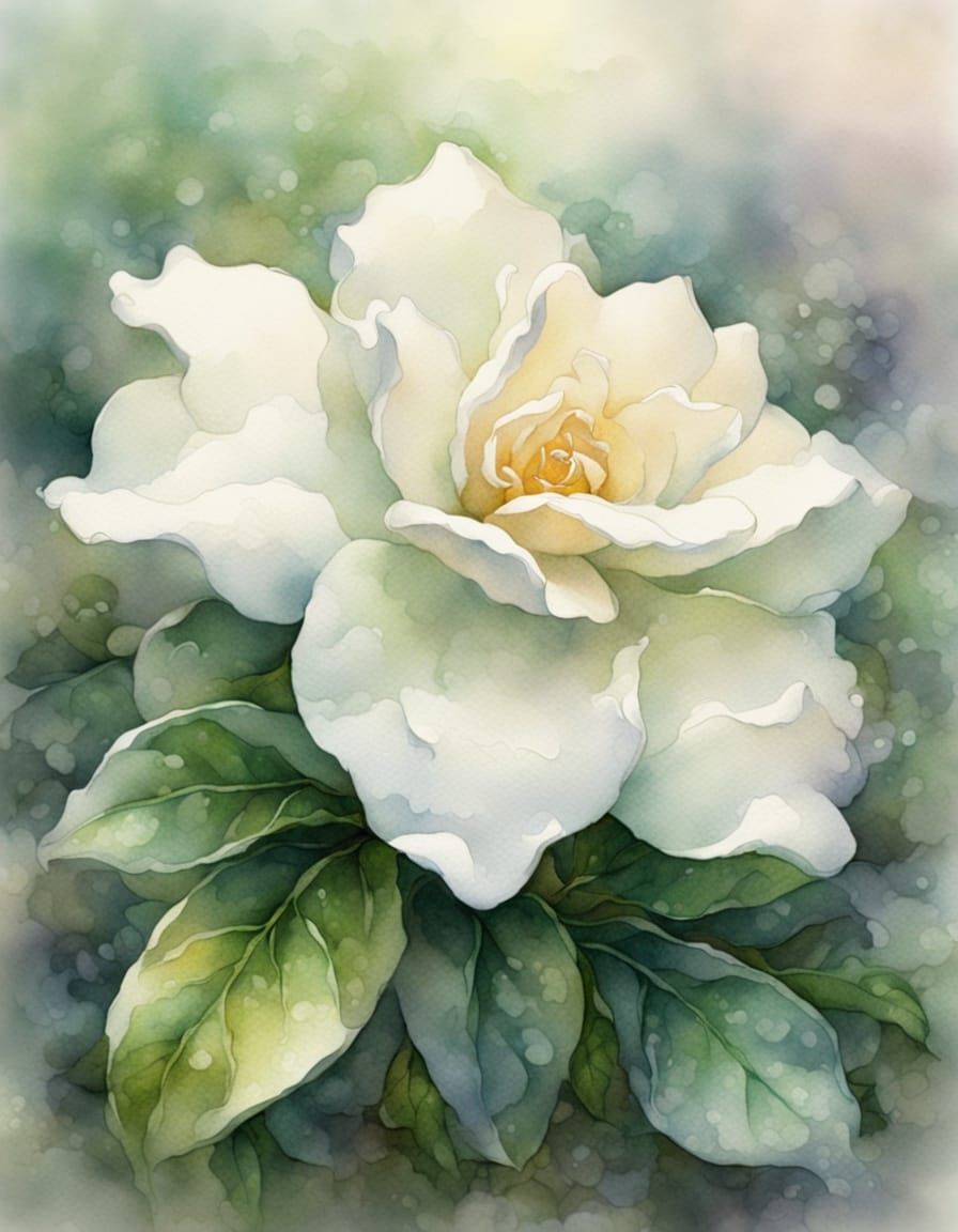 Ethereal Macro Gardenia Watercolour and Ink