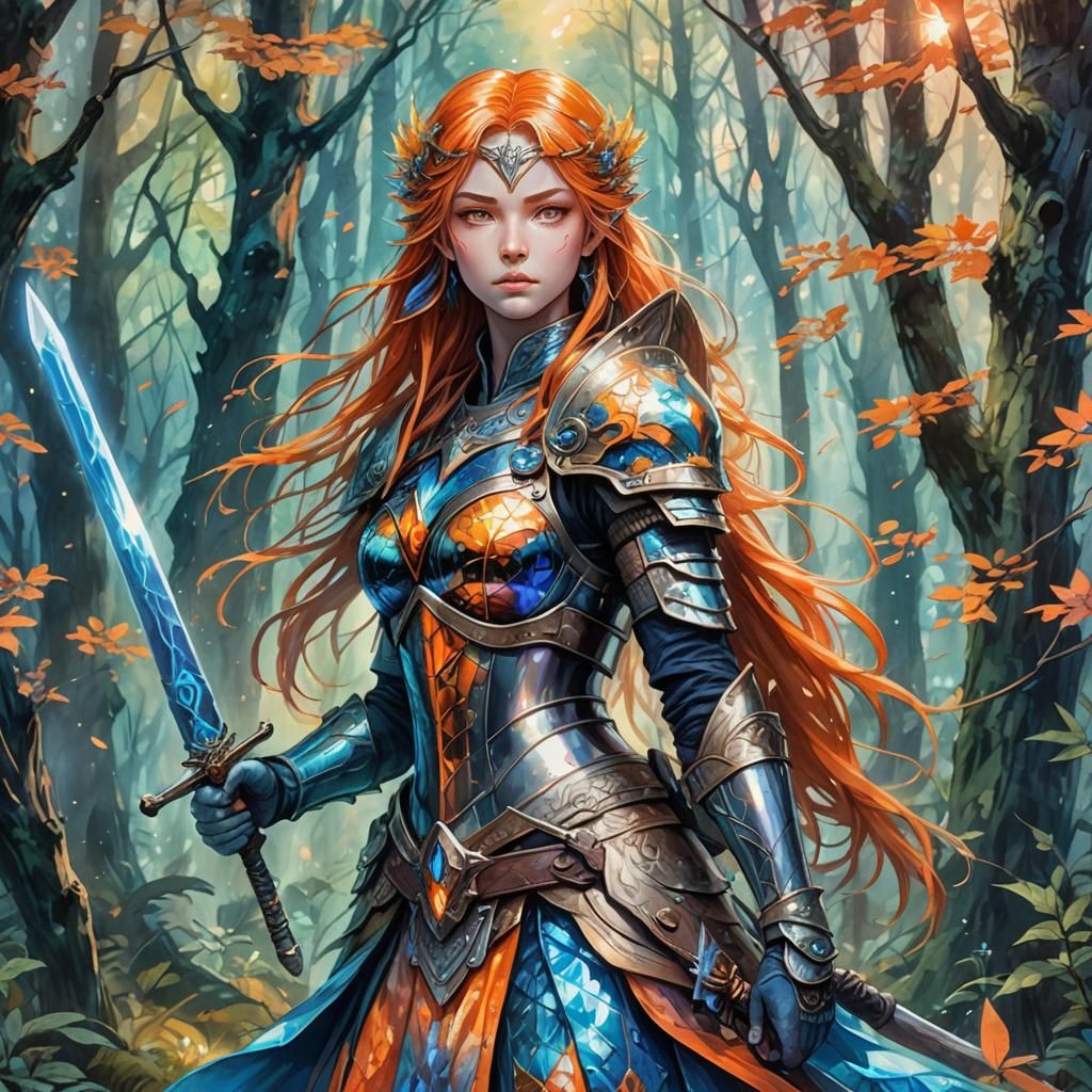 Anime Warrior in Mystical Forest with Holographic Highlights