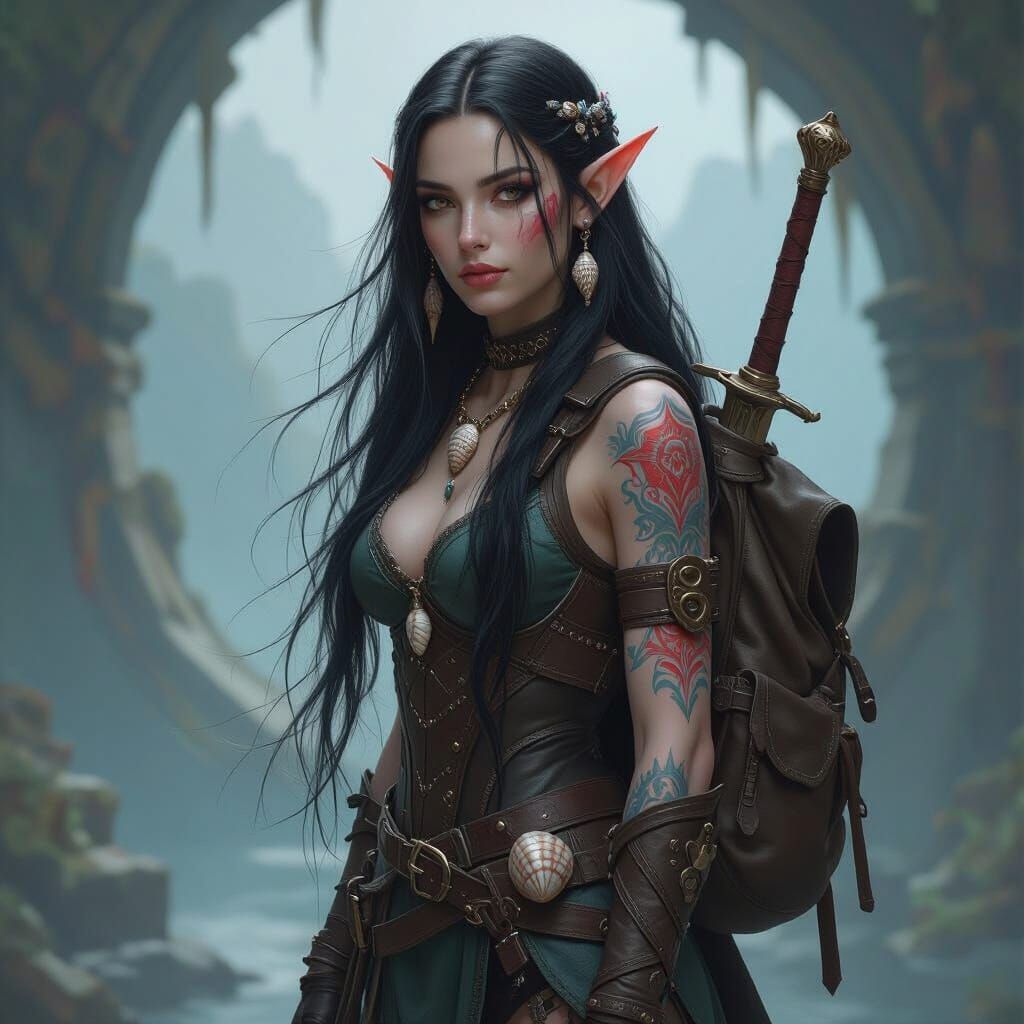 Fantasy Sea Elf Warrior with Red Ocean Tattoos