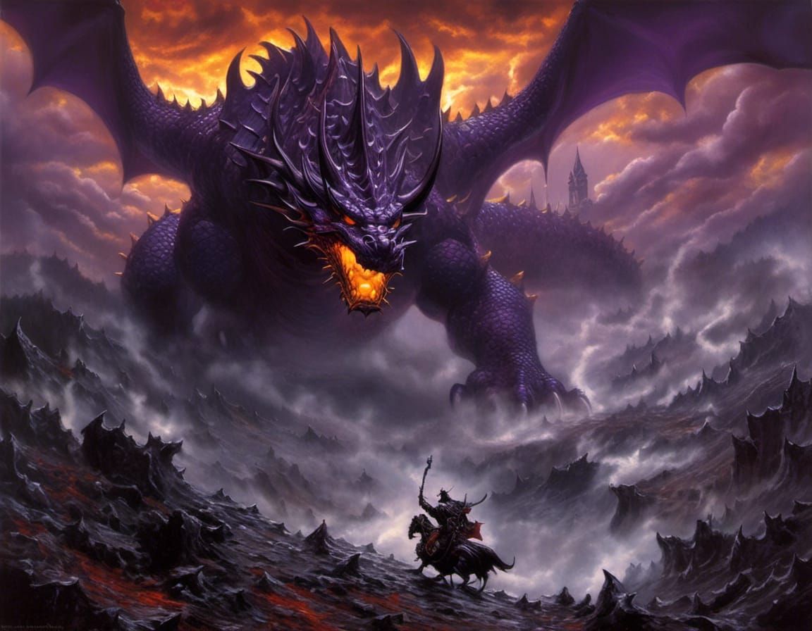 Fearsome Purple Dragon in Stormy Landscape