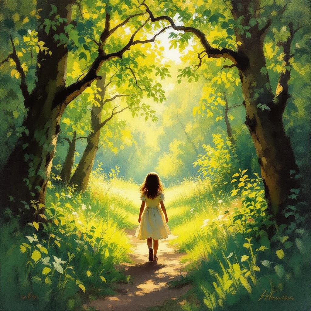Impressionistic Oil Painting of Girl in Sunlit Forest