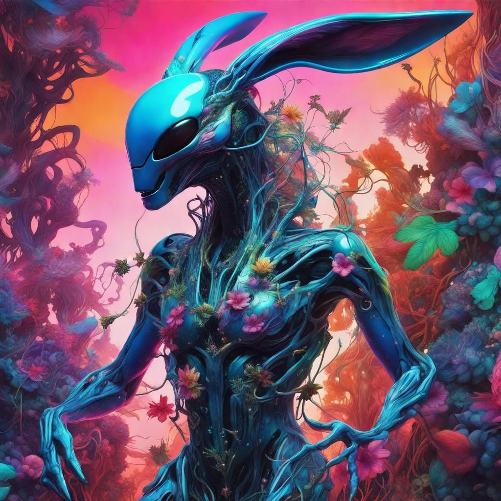 Winged Android Rabbit in a Bioluminescent Alien Candyland