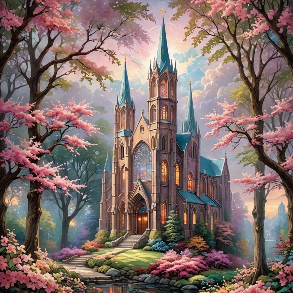 Ethereal Stained Glass Cathedral with Hawthorn Flower