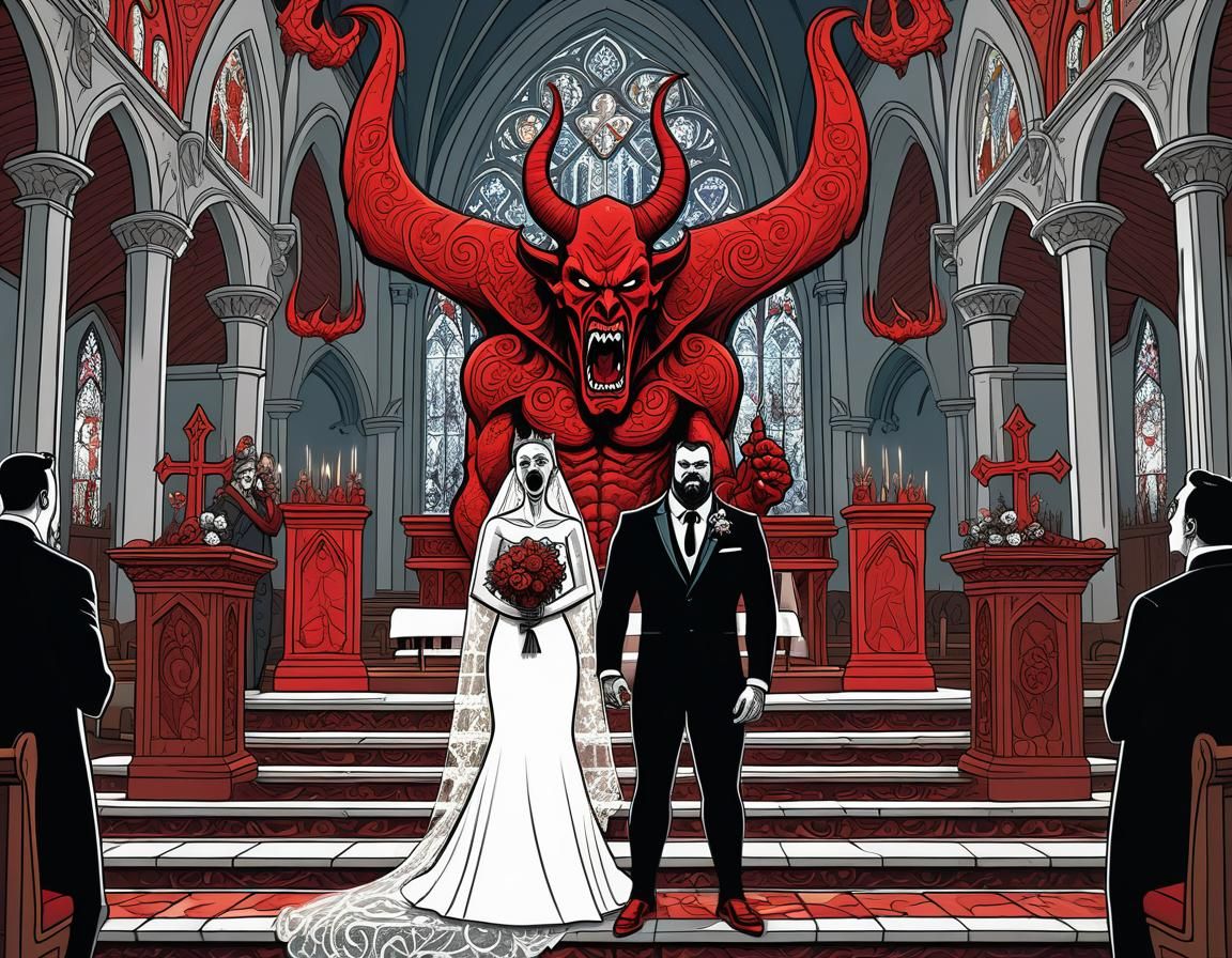 Surreal Cartoon Devil Stands Beside Groom at Church Altar