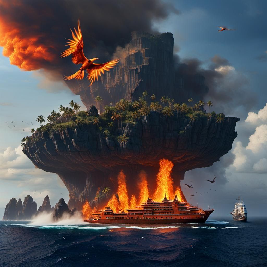 Fiery Guardian: Firebird Over Volcanic Island