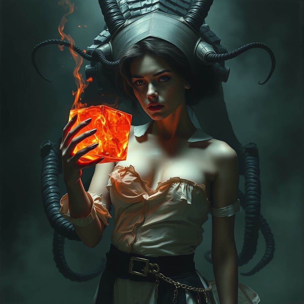 Bare-Chested Nurse Confronts Nightgaunt in Surreal Style