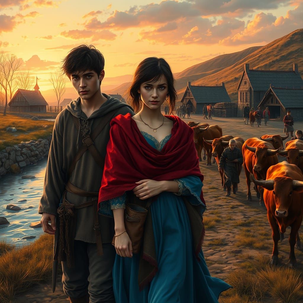 Riverside Village Sunset: Medieval Travelers Arrive