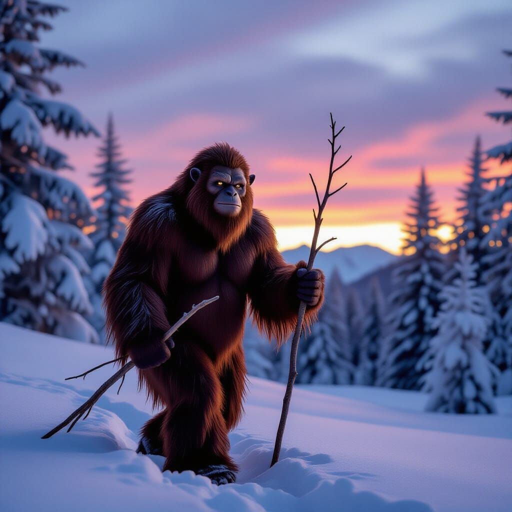 Charming Yeti in Snowy Forest, Illustrated Realism