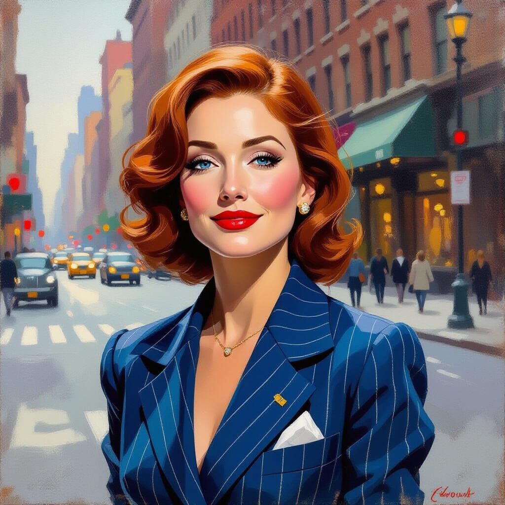 Retro Woman in Blue Suit: Impressionistic Oil Painting