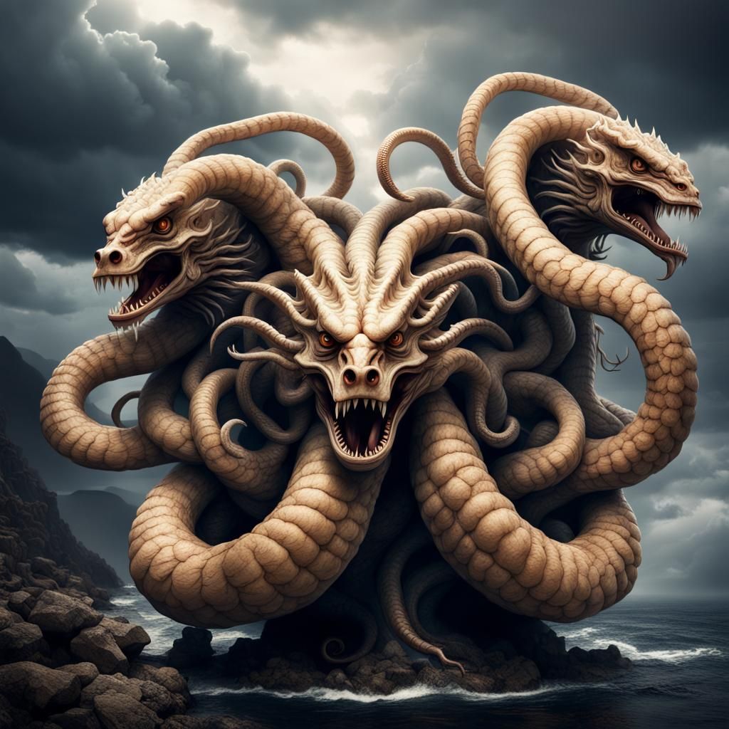 Epic Three-Headed Hydra in a Surreal Landscape