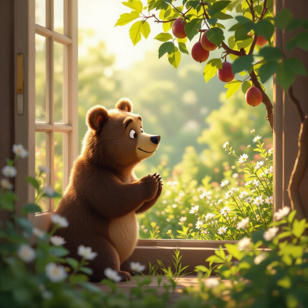 Curious Bear Investigates Sunlit Room with Fig Tree