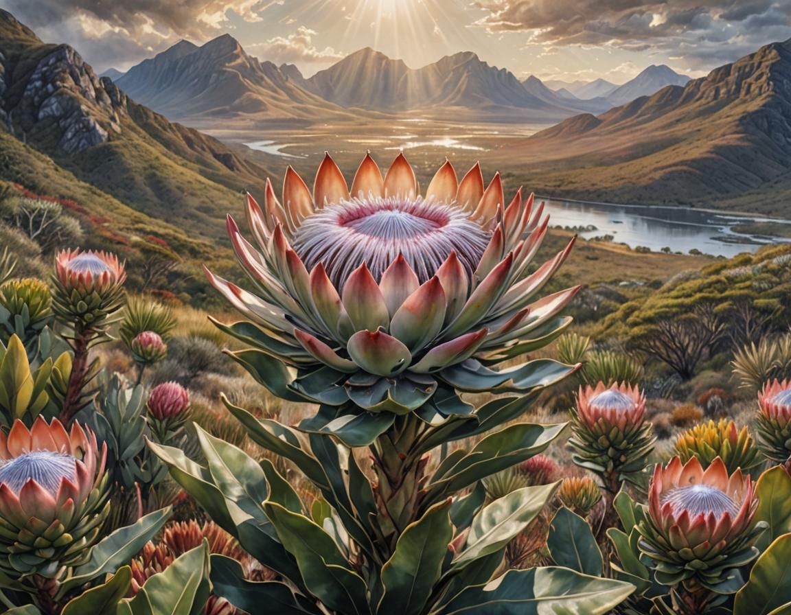 Anthropomorphic King Protea Flower in Watercolor