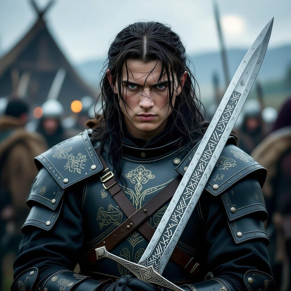 Medieval Villager on Battlefield with Runed Sword