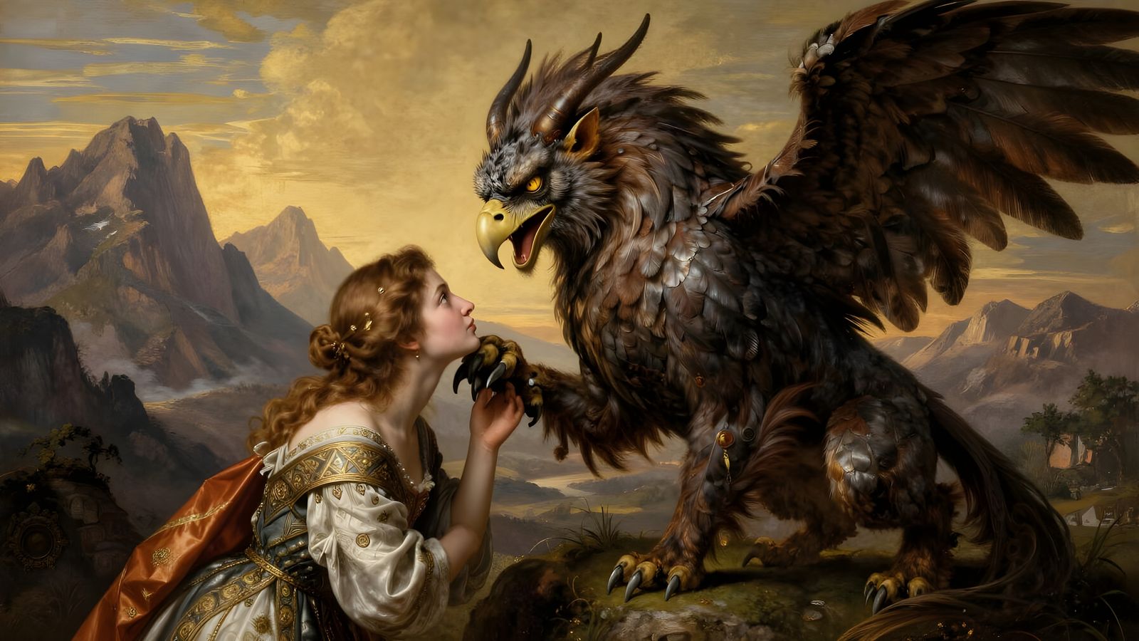 Renaissance Griffin Gazes at Kneeling Woman in Dramatic Ligh...
