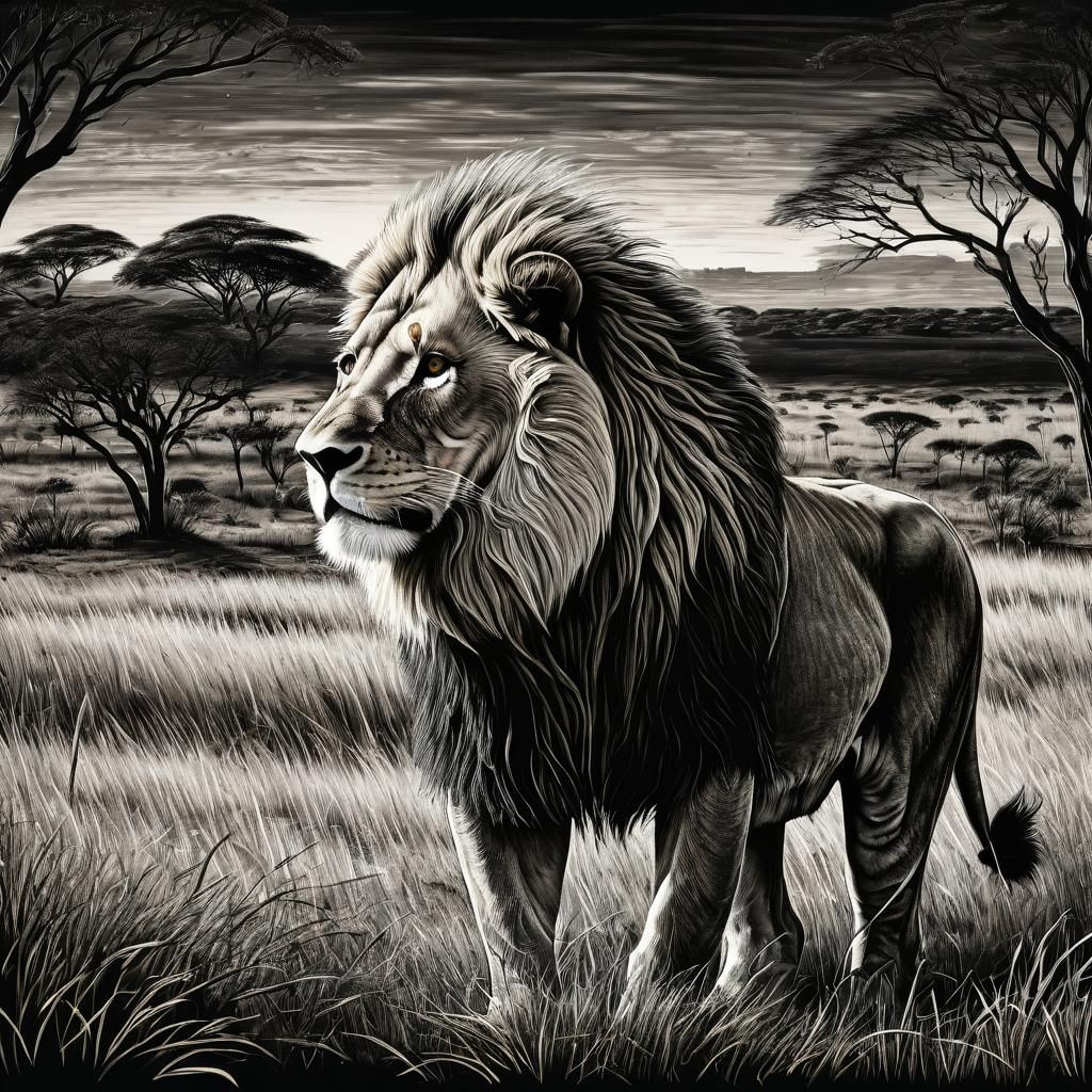 Lion on the Savannah: A Scratch Art Drawing