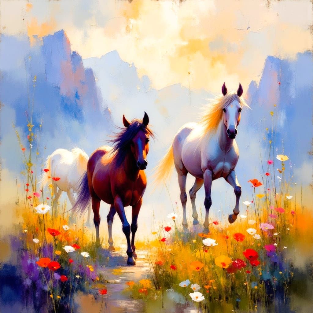 Impressionist Wild Ponies in Morning Light